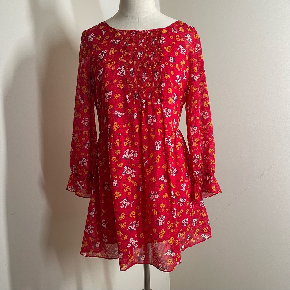 Free People Women’s Red Floral - SZ S - Smocked Babydoll 3/4 Sleeve Mini Dress